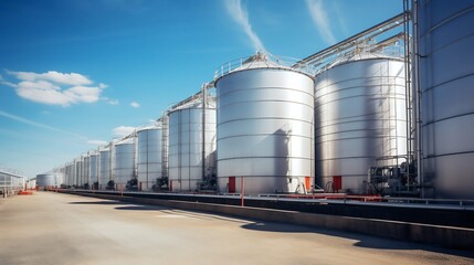 Industrial Spectrum: Large Colorful Storage Tanks and Silos in a Manufacturing Facility. Generative ai - obrazy, fototapety, plakaty