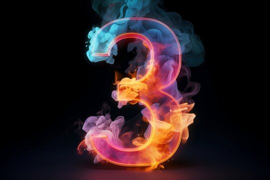 Inferno Illumination: A Surreal 3D Render of Neon Number 3 and a Fiery Cloud, Creating a Vivid Fantasy World of Flames and Light