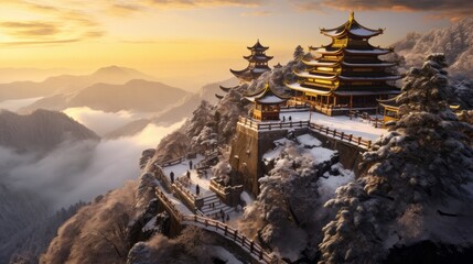 The xiayuan temple on a mountain top is in the winter, in the style of dark yellow and light gold,...