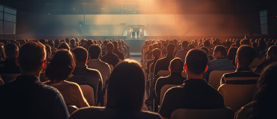 Rear view of people in audience at a business event in a conference hall - obrazy, fototapety, plakaty
