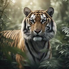 Obraz premium A Bengal tiger blending seamlessly with the dense undergrowth in the forest
