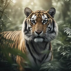 A Bengal tiger blending seamlessly with the dense undergrowth in the forest