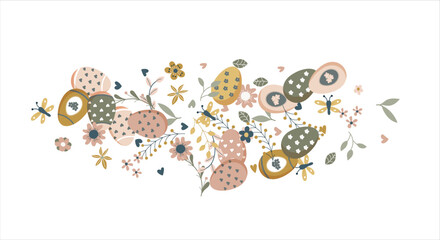 Easter eggs with botanical elements set doodle style. Happy easter hand drawn isolated on white background. Spring holiday. Happy Easter. Vector Illustration.
