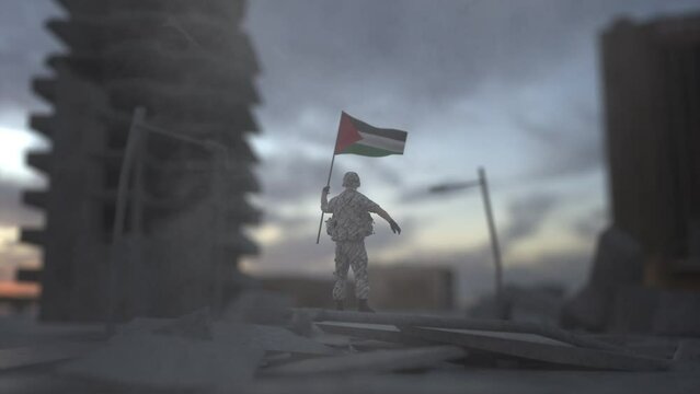 Palestinian soldier holding the flag of Palestine against the sunrise over the battlefield symbolizing the country's independence and freedom, saluting with victory stance. Blur smoke view