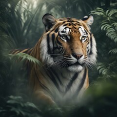 Fototapeta premium A Bengal tiger blending seamlessly with the dense undergrowth in the forest