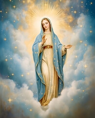Portrait of our lady of grace, Virgin Mary in sky - obrazy, fototapety, plakaty
