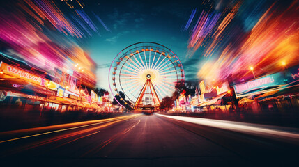 Fototapeta na wymiar A captivating long-exposure image documenting the dazzling trails of hued illumination formed by a spinning Ferris wheel amidst a lively carnival setting.