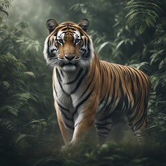 Obraz premium A Bengal tiger blending seamlessly with the dense undergrowth in the forest