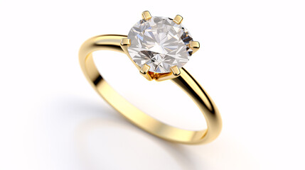 A gleaming yellow gold solitaire engagement ring is isolated on a white background.