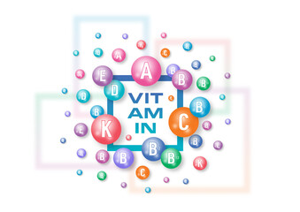 vitamin symbols in colored spheres. scattered vitamin spheres. concept of vitamins a, b, c, k, d, e