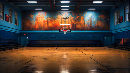 Nostalgic tapestry of the school gym, resonant with the echoes of sportsmanship and resolve,
