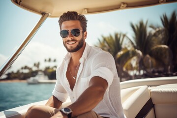 happy modern man against the background of a yacht and tropical palm trees