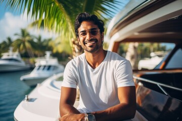 happy modern indian man against the background of a yacht and tropical palm trees