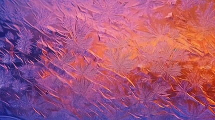 Structure of ice cracking, melting or building ice cubes, snowflakes. Frozen texture for cold and glowing winter days, purple, orange, shiny surface for card and banner.