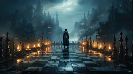 Obraz premium Silhouette of person walking on chess board, Generative AI