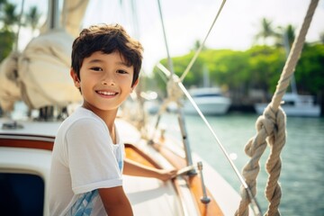 happy modern asian child boy against the background of a yacht and tropical palm trees