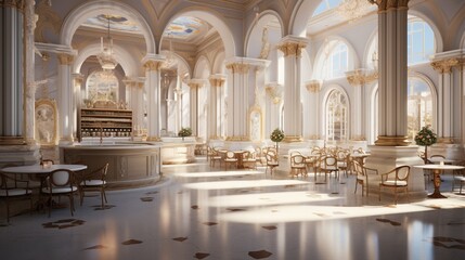 A neoclassical cafeteria with grand columns, arches, and frescoes, with marble floors and a fountain as the centerpiece.