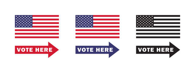 Vote here signs. Election and voting USA. Voting in election. Vector scalable graphics
