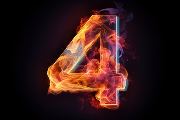 Flaming Fantasy: A Neon Number Four in 3D Render, Enhanced by Vibrant Red and Orange Flames in the Glowing Cloud on a Transparent Abstract Backdrop