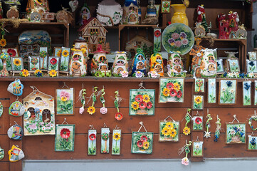 The various colored souvenirs and gifts for selling to tourisrs at port shop area of Lake Konigssee...