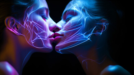 the kiss - two female faces illuminated by phosphorescent lines