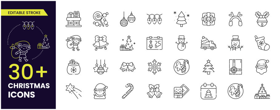 Set of Christmas stroke icons. Holiday symbol. Line Xmas icons collection Contains such icons as Santa, snowman, Christmas tree, wish list, decorations, and gifts. Editable stroke