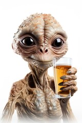 A close up of an alien holding a glass of beer, clipart on white background.