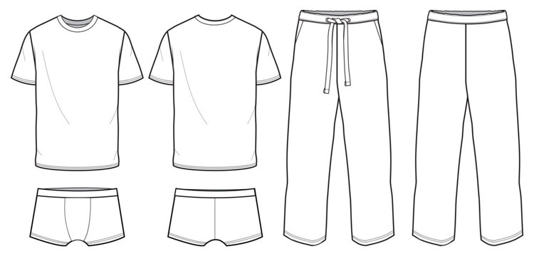 Mens lounge T Shirt and boxer brief short with pants design set flat sketch illustration front and back view, Set of sleepwear trunk short sleepwear pajama trouser bottom cad drawing vector mock up