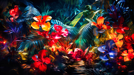 Enigmatic intertwining of icy patterns and lush, tropical foliage, a mural of nature wonders