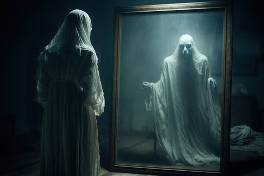 Spirits and ghosts in old house, reflection of ghost in mirror in dark room, paranormal phenomenon