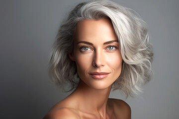 A beautiful smiling woman with gray hair looking at camera on dark grey background - obrazy, fototapety, plakaty