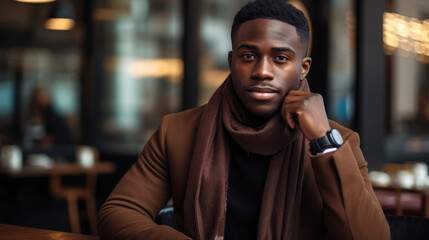 Obraz premium portrait of handsome african american man sitting in cafe looking at camera and resting hand on face.