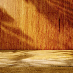 Fondo de suelo y pared vacíos iluminados por luz del sol y sombras de plantas. Fondo para...