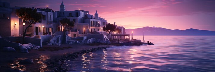 mediterranean coastal town with ocean view, wanderlust and sunset sky