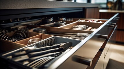 A drawer with utensils and silverware in it, AI - obrazy, fototapety, plakaty