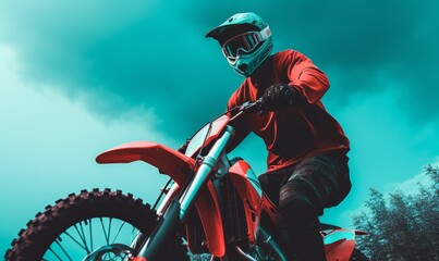 Naklejka premium Motocross Rider in Red Gear Preparing for a Ride under Blue Sky