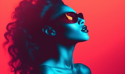 Dual-Tone Glamour : Futuristic Woman with Curly Hair and Sunglasses on Neon Red and Blue Background