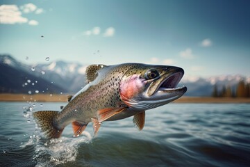 Rainbow trout jumping out of water in Alaskan river. Ai Generative - obrazy, fototapety, plakaty