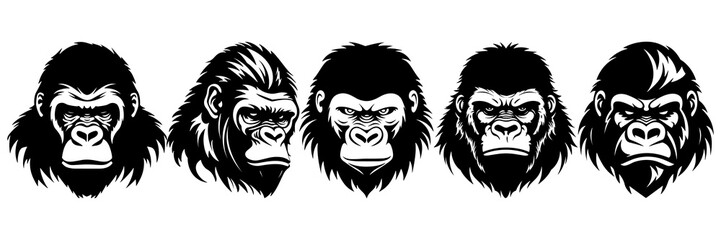 Gorilla ape silhouettes set, large pack of vector silhouette design, isolated white background