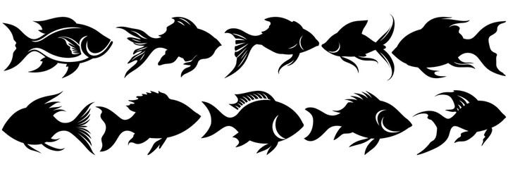 Fish silhouettes set, large pack of vector silhouette design, isolated white background