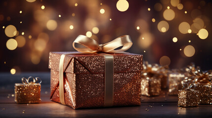 Christmas Gifts. Christmas Magic: Golden Bokeh on Dark Red Background with Gift Box. Christmas gift box on bright bokeh background.