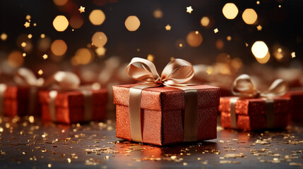Christmas Gifts. Christmas Magic: Golden Bokeh on Dark Red Background with Gift Box. Christmas gift box on bright bokeh background.