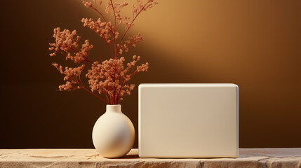 Empty scene backdrops product display with dried flowers in vase. Empty pedestal or podium platform