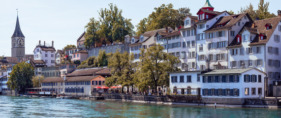 panoramic view at the old town of zurich, switzerland - obrazy, fototapety, plakaty