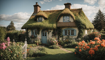 Fototapeta na wymiar a whimsical cottage straight out of a fairy tale, complete with a crooked chimney, a leaning fence, and a magical garden - AI Generative