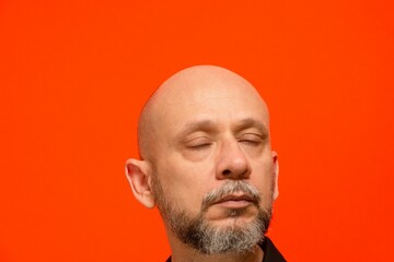 Portrait of a man's head, bald and bearded. 