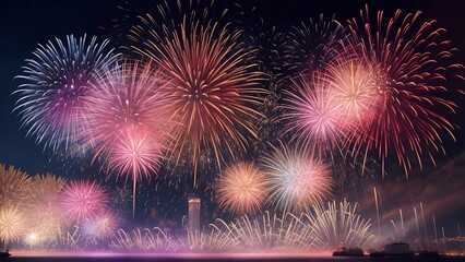 Fireworks background in night sky. High resolution background with lighting effect and sparkle with copy space for text. Background images for banner and poster.