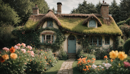 Fototapeta na wymiar a whimsical cottage straight out of a fairy tale, complete with a crooked chimney, a leaning fence, and a magical garden - AI Generative