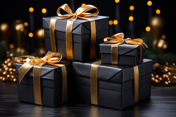 Black gift boxes with golden ribbon on bokeh lights background.