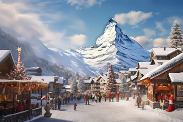 Zermatt, Switzerland. Abastract image of a Christmas Market, Matterhorn Mountain in Alps. - obrazy, fototapety, plakaty